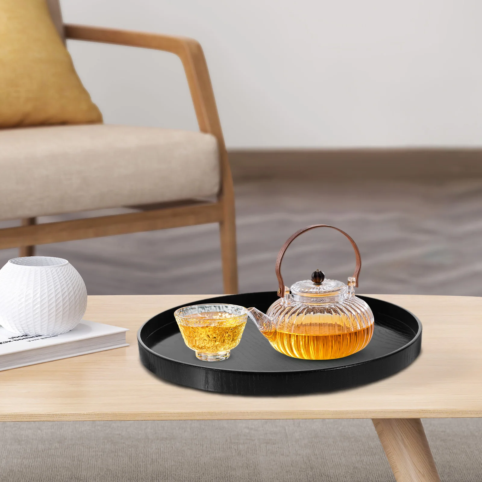 

Rustic Round Wooden Serving Tray Food Tray Snack Drinks Tea Fruit Plate Multifunction Household Snack Serving Plate