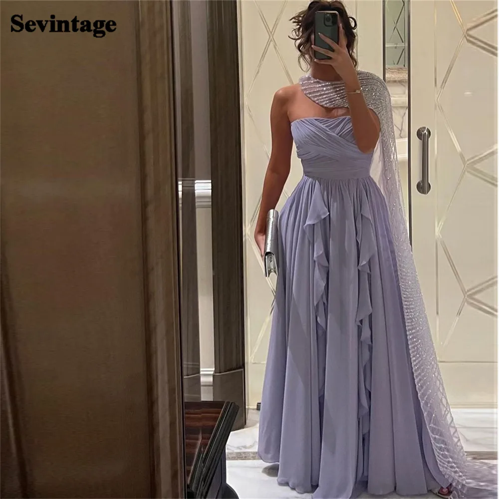 

Sevintage Lavender Saudi Arabic Chiffon Evening Dress Strapless Ruffles Floor Length Prom Dresses Robe de soirée for women 2023