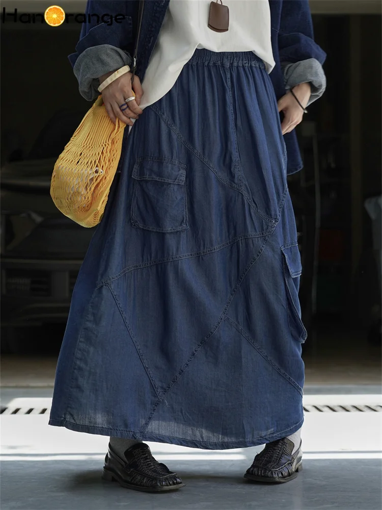 HanOrange 2026 Early Autumn Pocket Split Denim Blue Skirt Suspended Texture Long Skirt