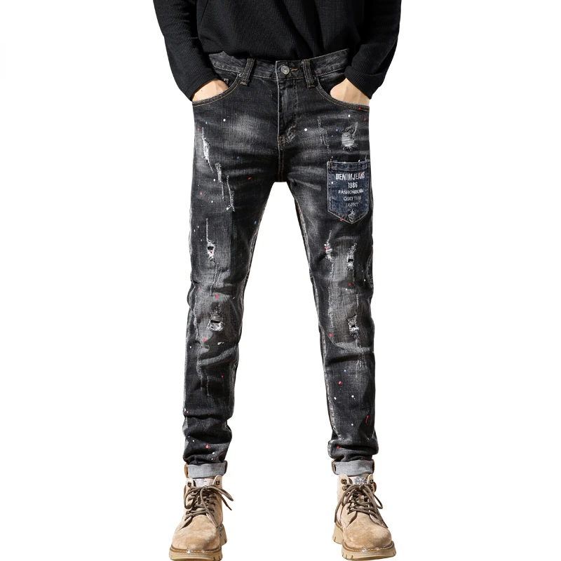 

Hip Hop Jeans Men Stretch Slim Fit Ripped Printed Jeans Painting Distressed Fashion Pockets Design Denim Trousers Moto & Biker