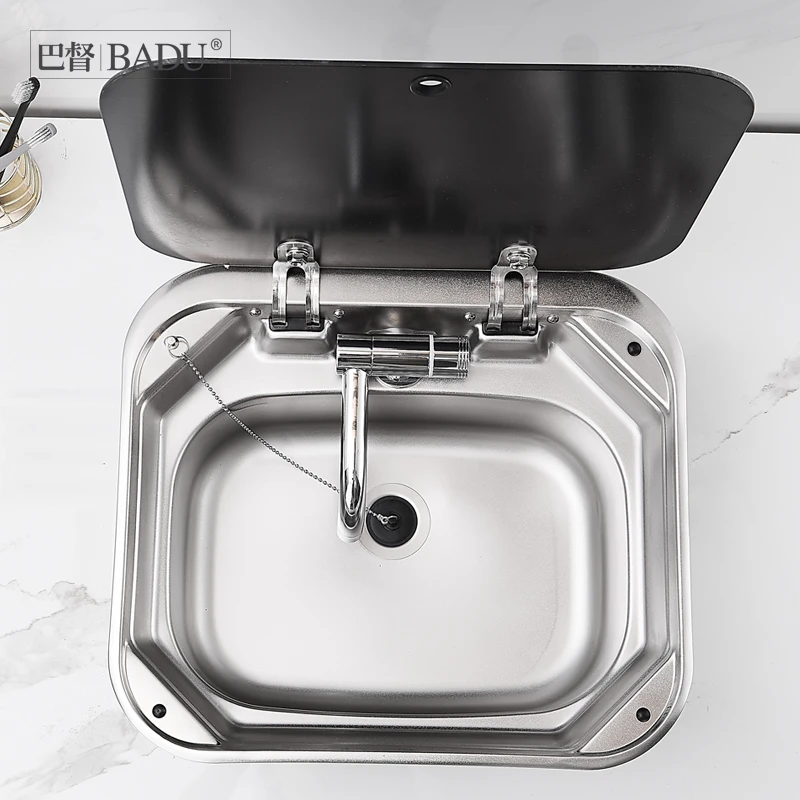 RV sink with cover, kitchen, vegetable, foldable flip cover, single slot stainless steel square, household use