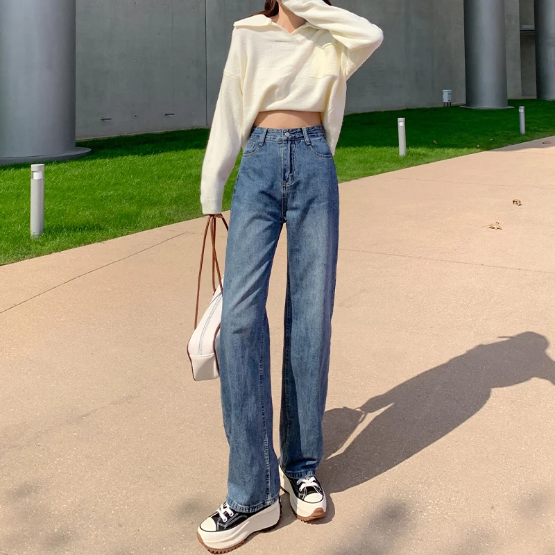 

Retro High Waist Wide Leg Straight Cut Jeans Women's Spring Autumn Waed Denim Pants Slimming Loose Fit plus Size