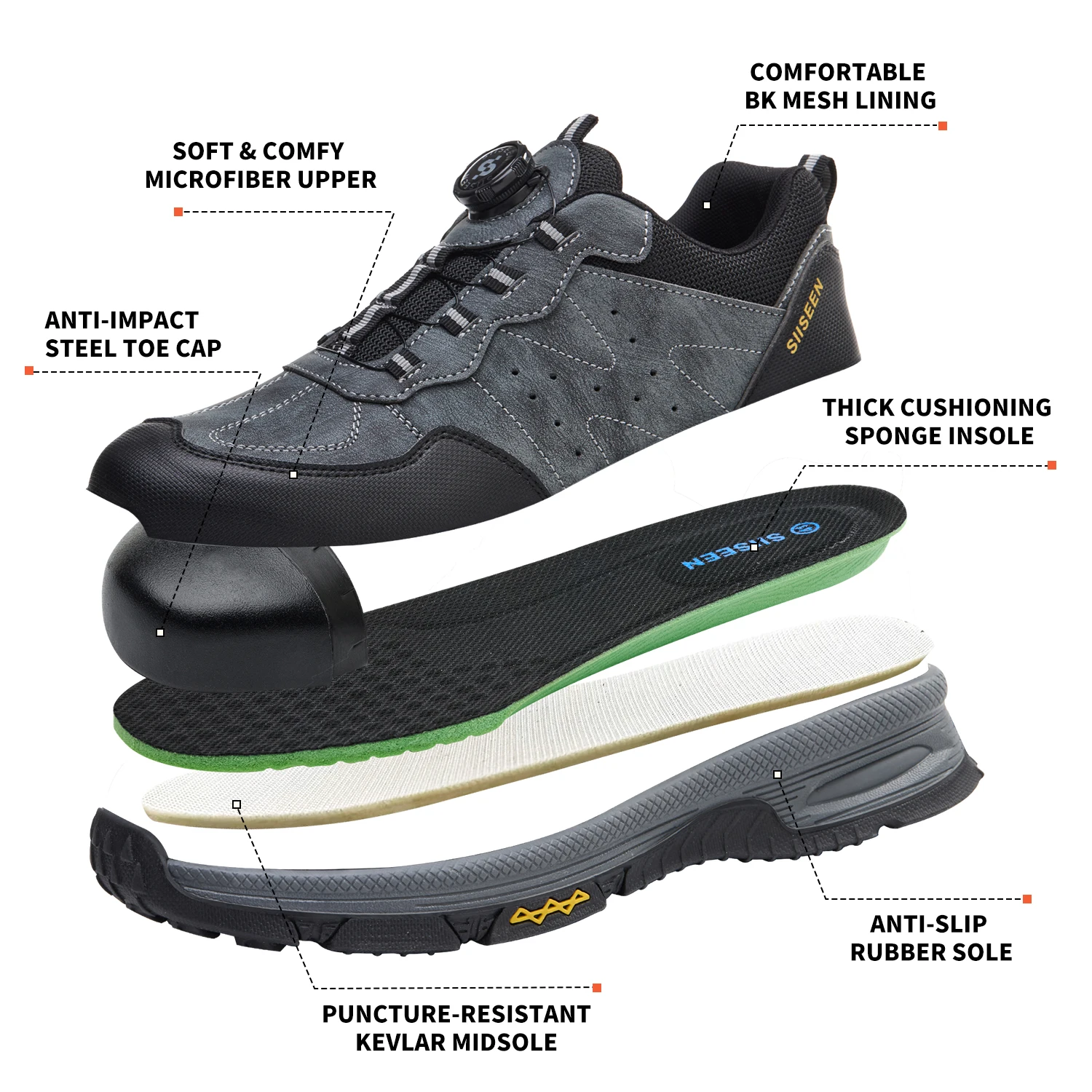 Men's Protective Footwear Steel Toe Anti-Crush Kevlar Puncture Proof Soft Upper Non-Slip Rubber Sole Working Shoes