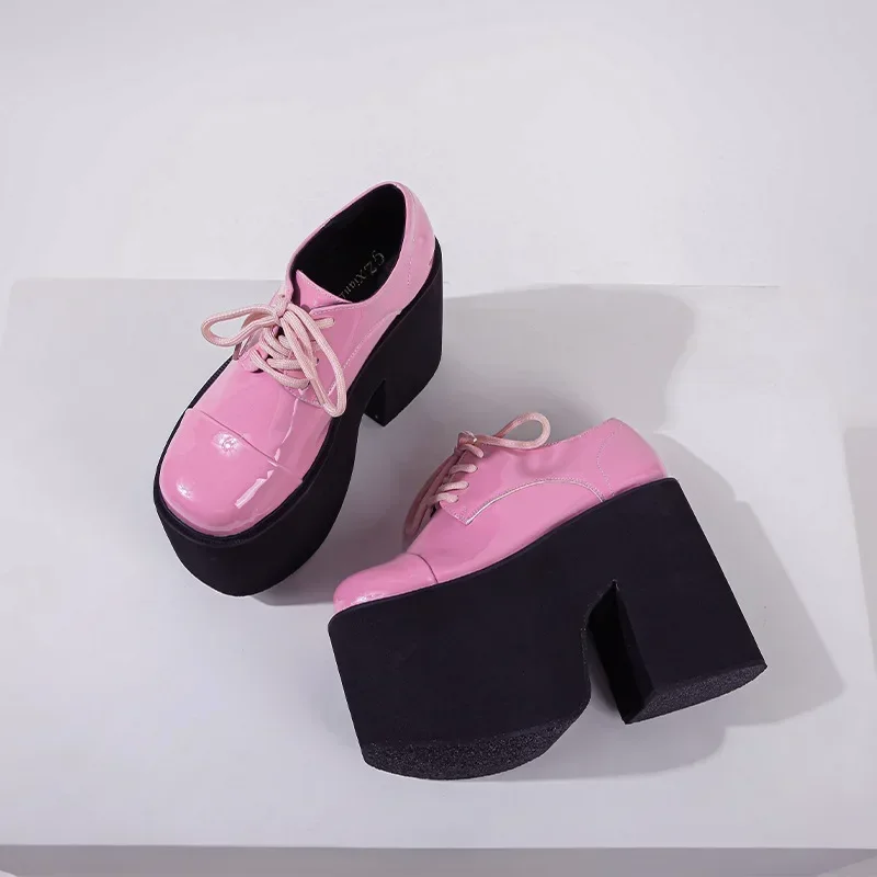 14CM Ultra High Heel Women Pumps Waterproof Platform Thick Sole Elevated Heels Women Single Shoes Pantent Leather Lace Up Large