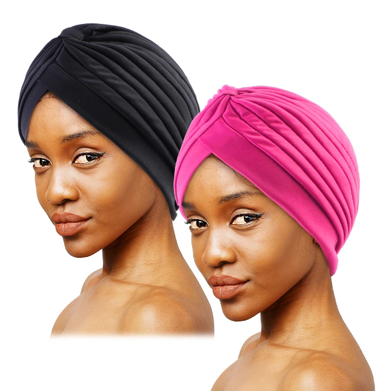 2 stücke Knoten Crinkle Turban Kappe schwarz & dunkelblau Headwrap elastischen Kopftuch leichte Motorhaube Chemo Kappe – Detail 5