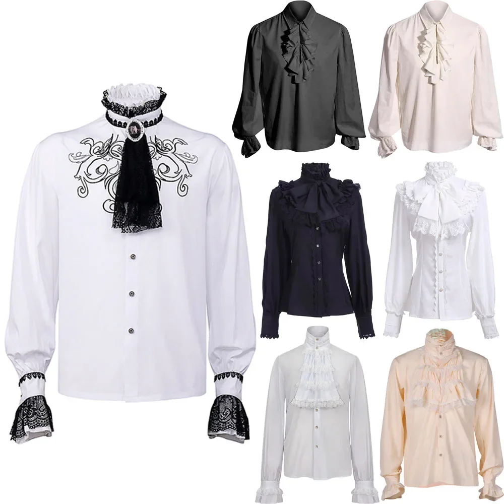 

Medieval Steampunk Shirts Men Renaissance Victoria Cosplay Costume Vintage Gothic Long Sleeve Tops Halloween Carnival Party