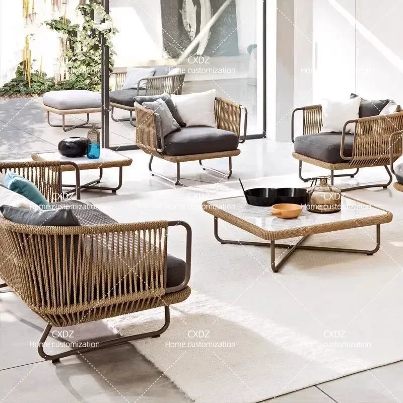 Outdoor Rattan Sofa Set for Courtyard Balcony Villa Weatherproof Single Chair and Combination Furniture for Homestay Leisure