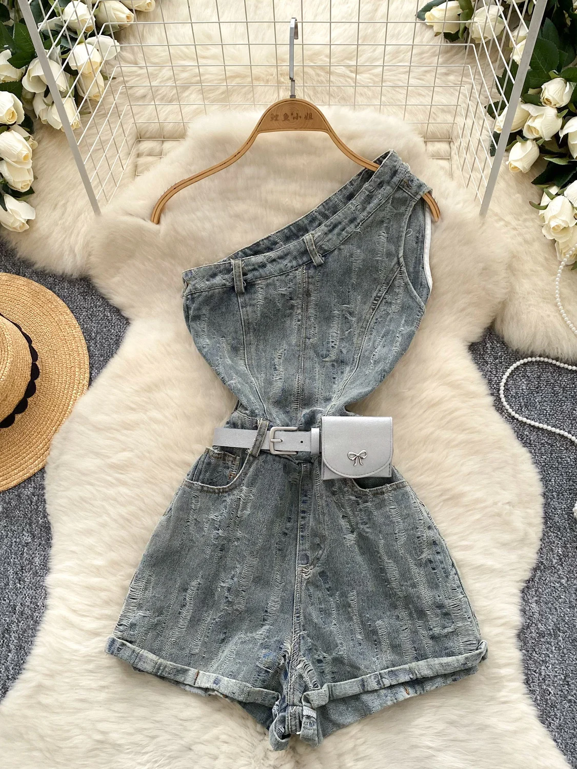 

Retro Spicy Girl Sle Denim Overalls Women's Summer High Waist ort orts Wide Leg Diagonal Collar Traditional Commute