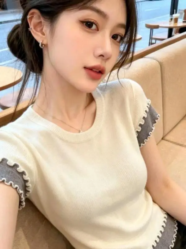 Korean Style Sweet Color Block Knitted Top Slimming Wood Grain  Fake Two-Piece Summer New Fashion Women's T-shirt