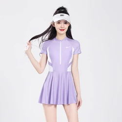 Summer Solid Beautiful Swimwear Women Plus Size Short Sleeve Swimsuit With Skirt Two Piece Hot Spring Clothes Beachwear Swimming