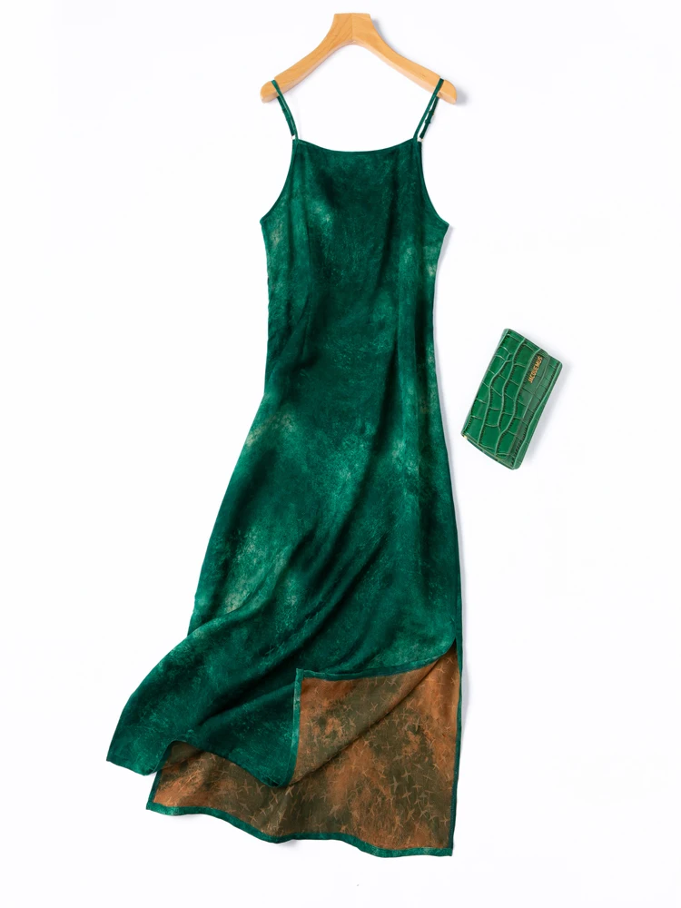 Farbverlaufs-Batikgrün, klassisches 100 % natürliches Maulbeerseide, duftendes Wolkengarn, seitlicher Reißverschluss, schmal geschnittenes Strapskleid für Damen