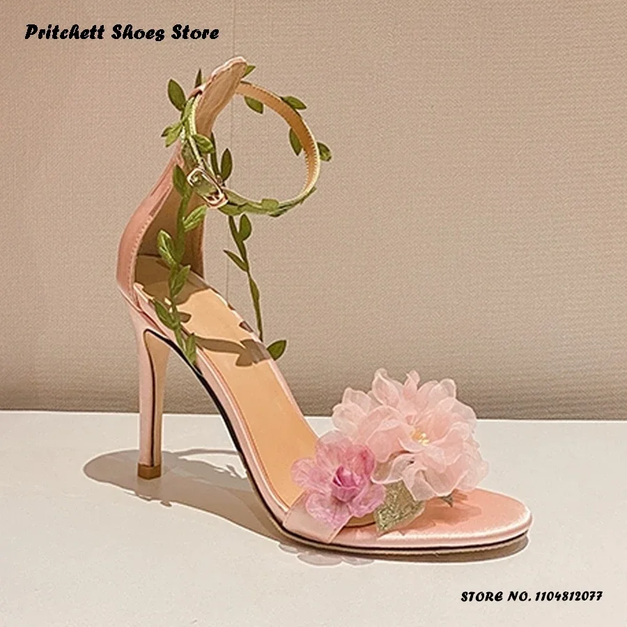 

Сандалии феи с украшением в виде цветов и листьев, туфли для вечеринок на тонком каблуке с круглым открытым носком, женские летние свадебные туфли на шпильке с пряжкой и ремешком