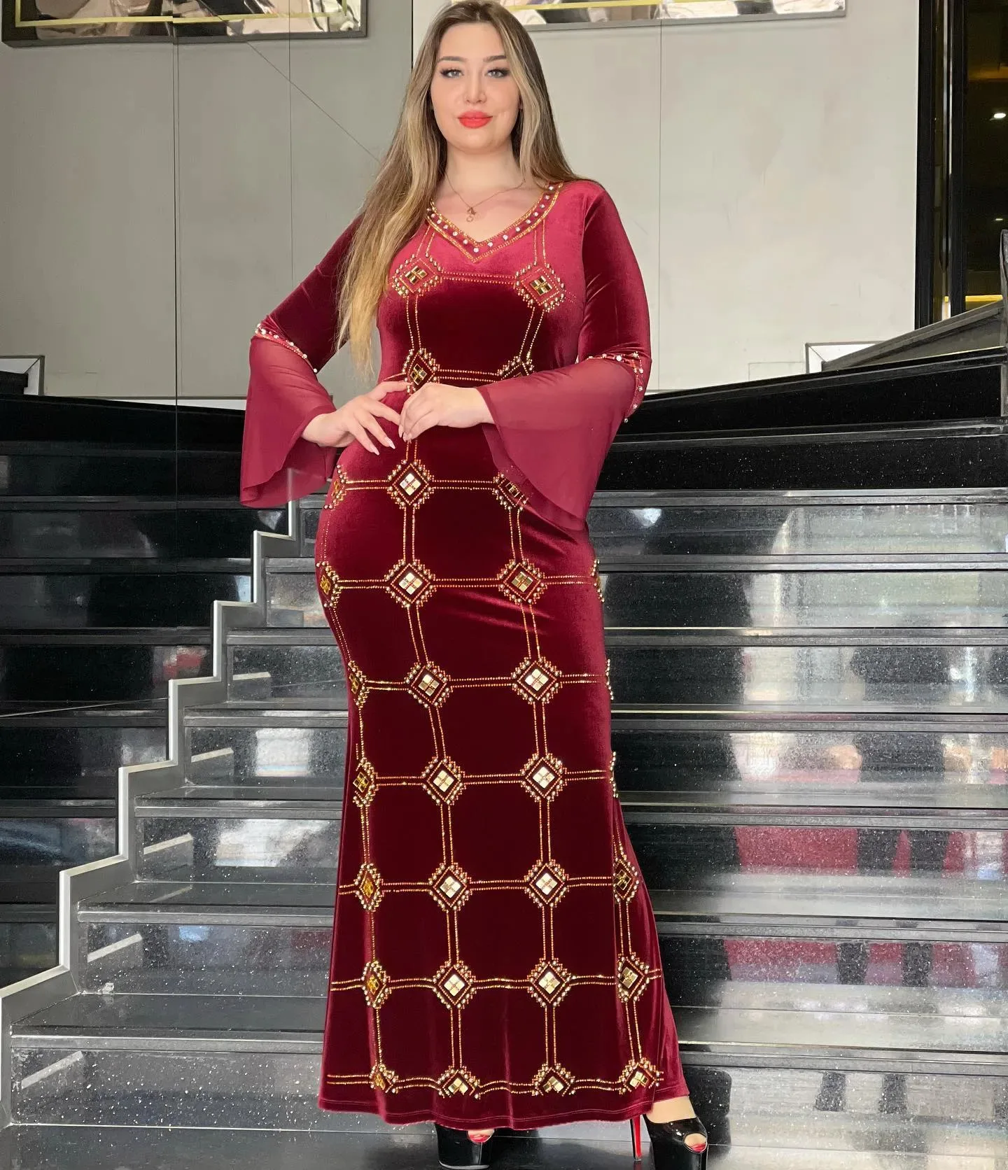 

Muslim Euramerican Africa Beautiful Women's Dress Noble Temperament Dress Fashionable Diamond Robe Eid Dress For Women Kaftan