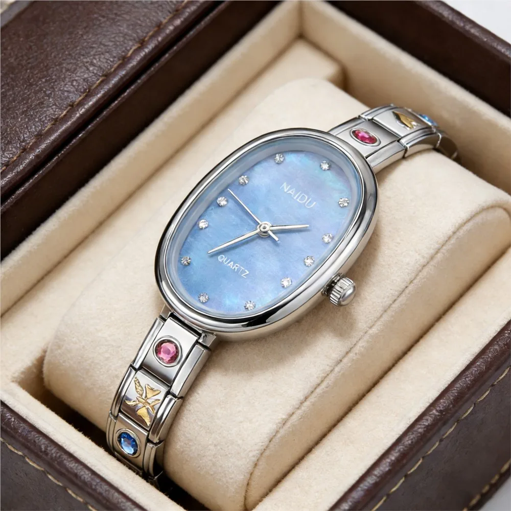 2025 New Arrival Women Fashion Watch Ellipse Shape Quartz Movement Stainless Steel Strap 9mm Width Female Gift