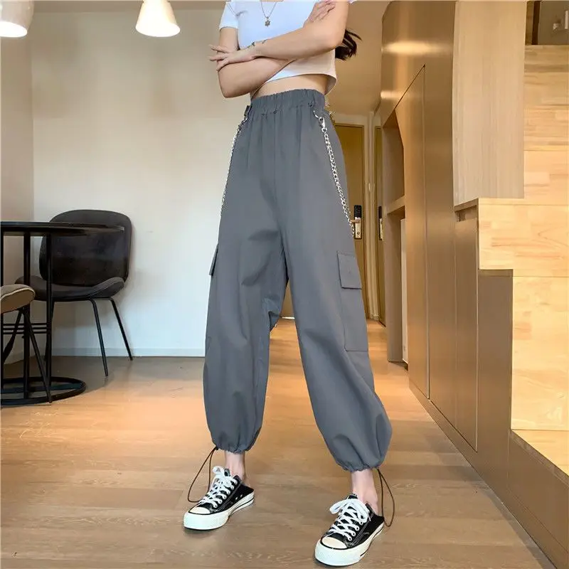 

Women's Clothing Spring Autumn Trousers Cargo Bloomers Solid Color Elastic High Waist Pockets Chain Metallic Casual Pants