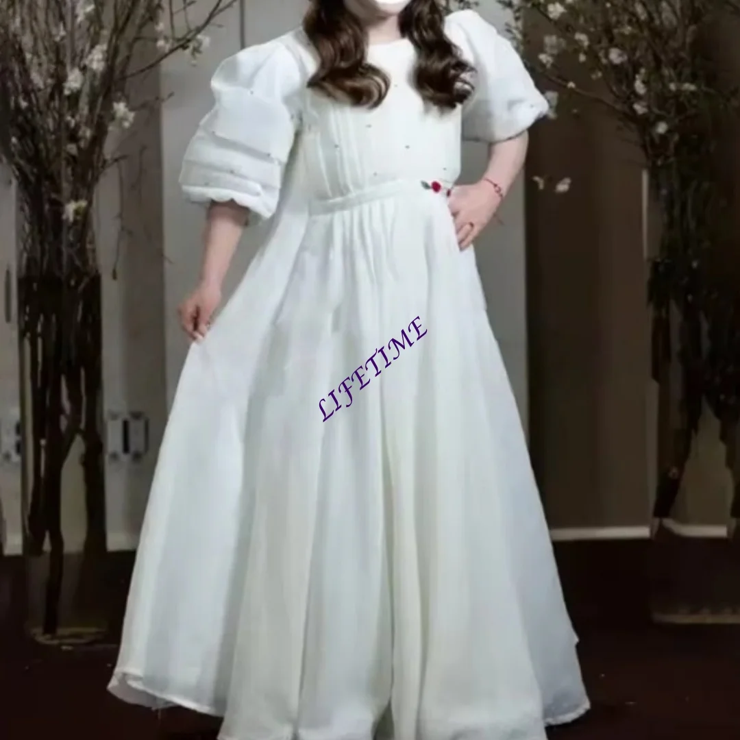 CustomizedElegant Half Puff Sleeve Pleat A Line Long First Communion Dress Ankle Length Classic Simple Style Flower Girl Gown Cu