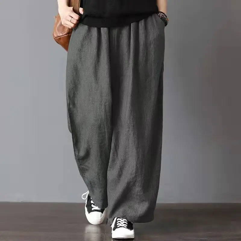 2023 New Spring and Summer Leisure Vintage Zen Pure Cotton Art Style High Waist Pocket Oversized Lazy Wide Leg Pants for Women