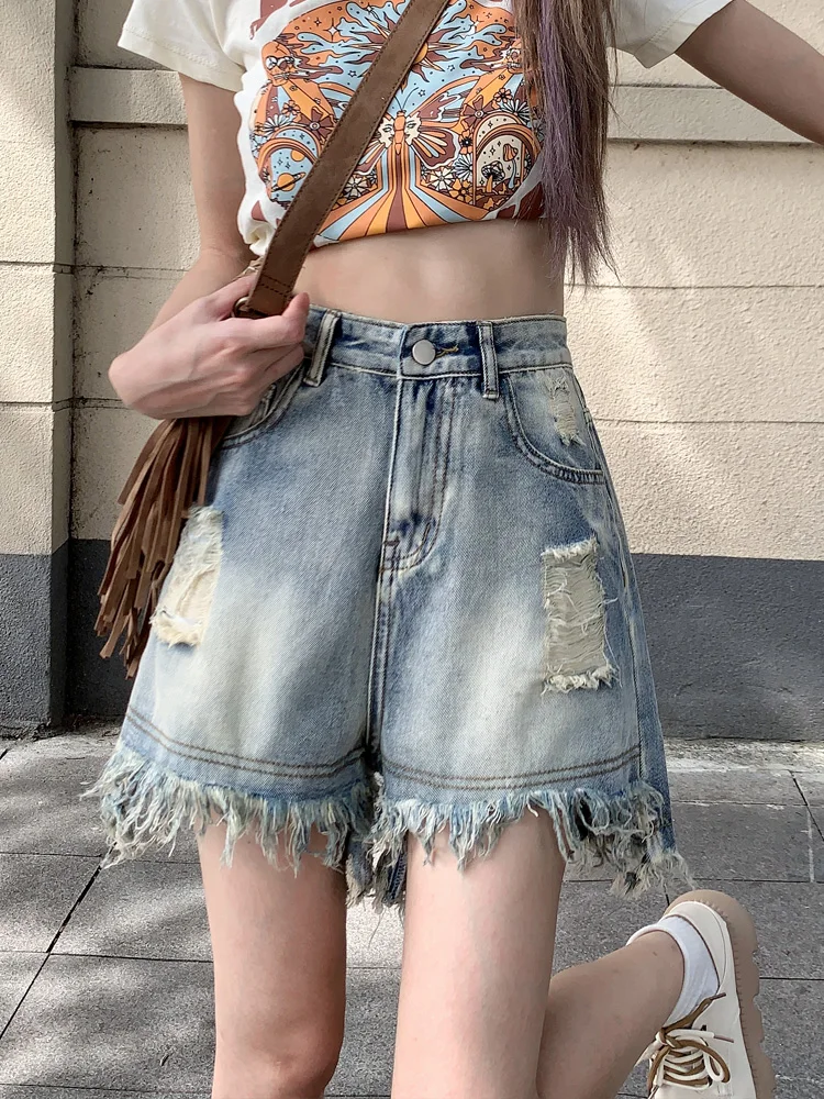Damskie spodenki jeansowe w stylu retro, postarzane, plus size, z wysokim stanem, z dziurami i postrzępionymi brzegami, jesienne, w stylu spicy girl, casualowe.