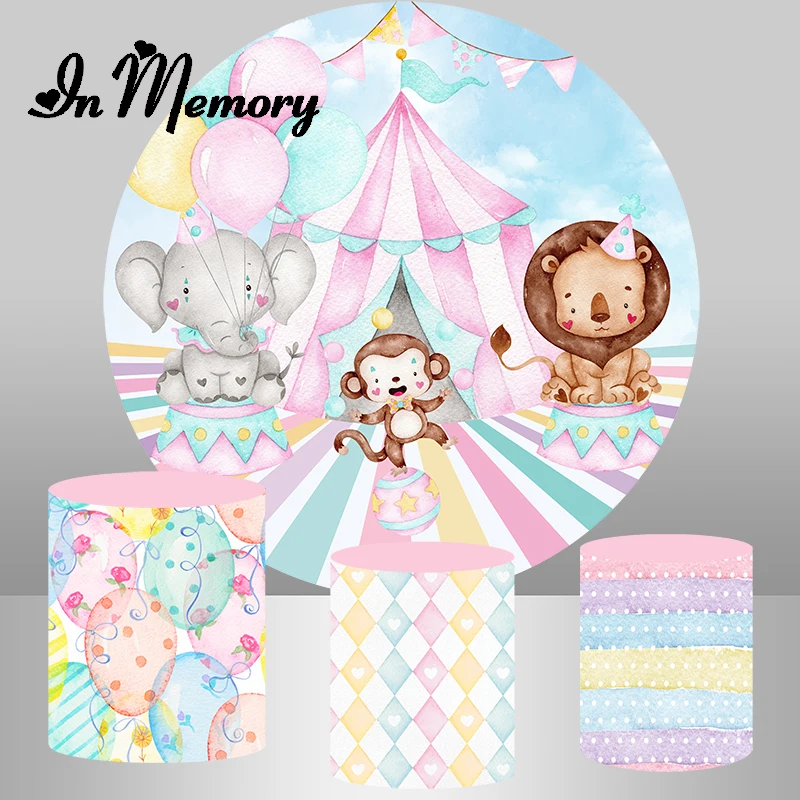 InMemory Pink Girls Circus Tent Birthday Party Round Backdrop Cover Cartoon Animals Elephant Lion Monkey Balloons Plinth Covers