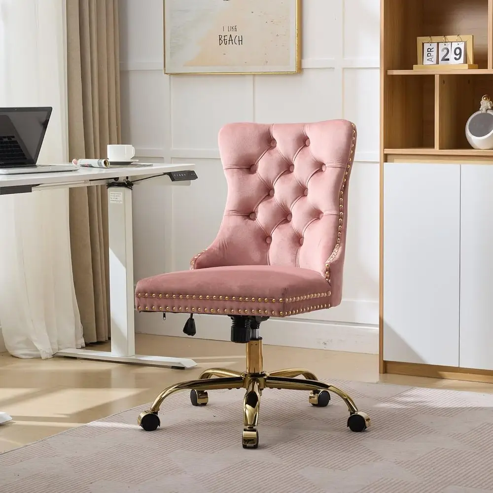 

Pink Velvet Home Oice Chair with Gold Base Mobile Swivel Desk Chair with Nail, Upholstered Tuted Vanity Stool on Wheels, Bedroom
