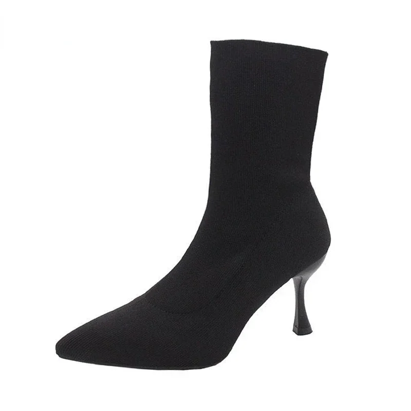 9cm 7cm 5cm Stretch Fabric Socks Boots Women Black Shoes Elegant Pointed Toe Knitting Elastic Ankle Boots for Women