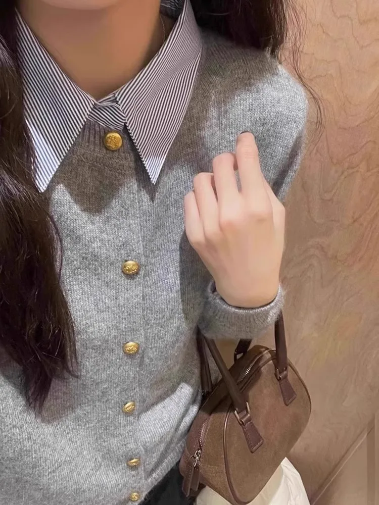 

ay irt воротник сращивание искусственный двухсекционный вязаный свитер женский весенний маленький размер облегающий внутренний кардиган отложной кол...