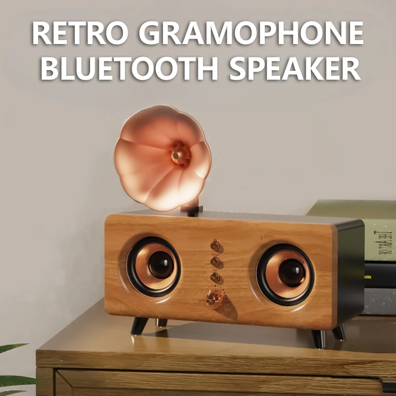 

B161 Classic Vintage Woodgrain Graphophone Bluetooth Speakers Portable Dual Speaker HiFi Subwoofer Computer Desktop Sound System