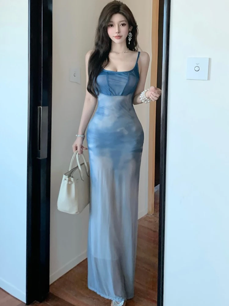 

Женское синее платье с принтом и сетчатыми вставками, с квадратным вырезом, сексуальное, на бретельках, летнее, элегантное, повседневное, праздничное, 2026, корейская мода, облегающее, для вечеринок