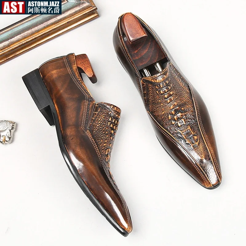 

2024 Real Patent Leather Men's Dress Shoes Fashion Crocodile Pattern Slip on Brown Black Luxury Handmade Genuine Leather Shoes