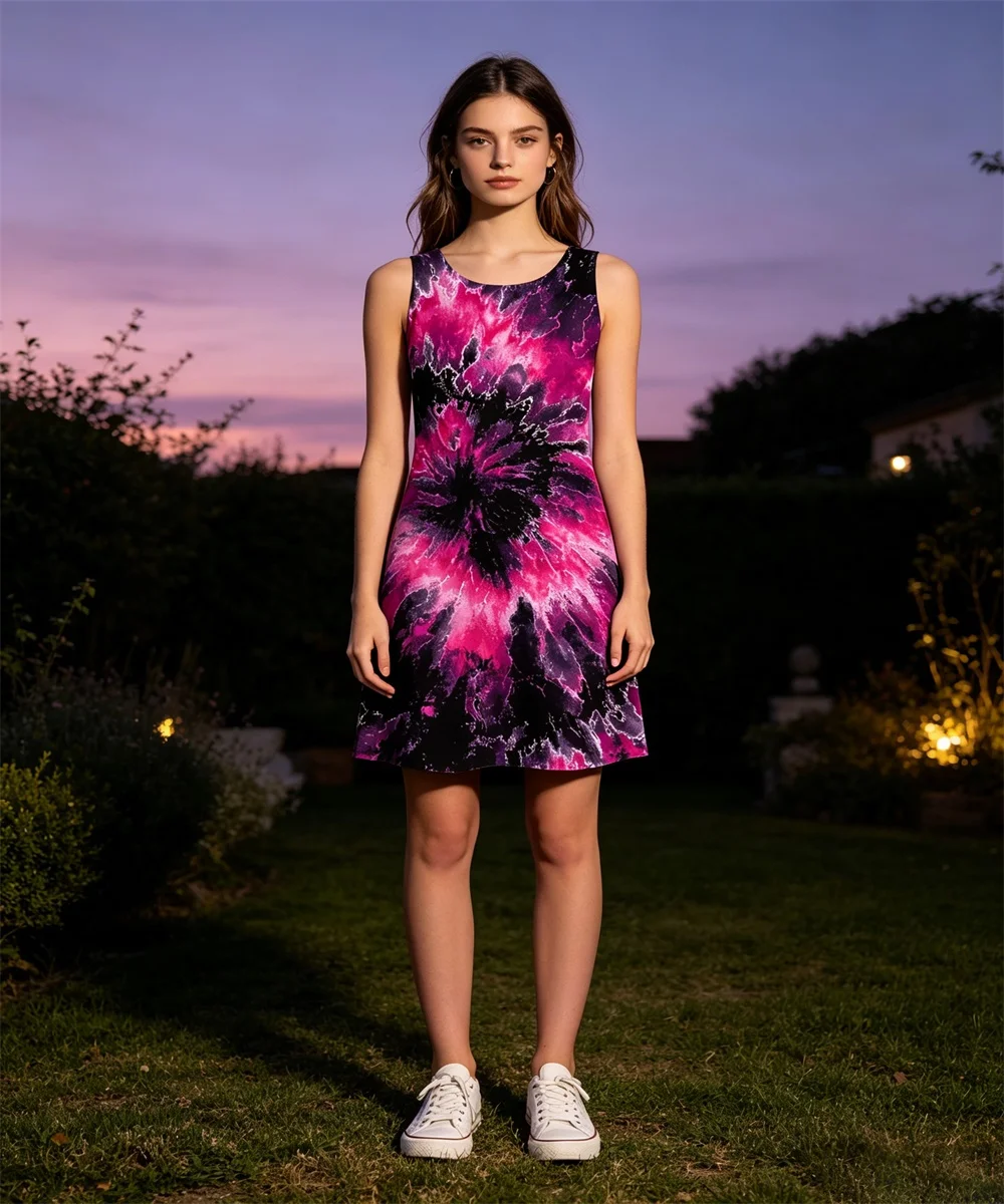 Ladies' new summer spiral vortex blending gradient printed vest skirt, elegant casual garden collar sleeveless vest skirt