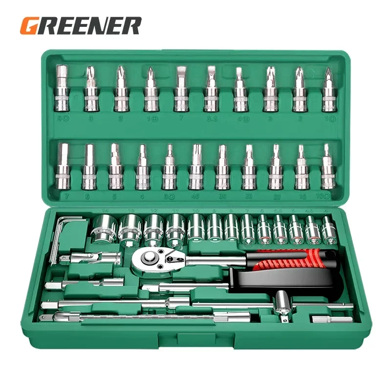 GREENER 46pcs Tool Set 1/4 IN Drive Socket Ratchet Wrench Kit CR-V Steel Metric Hex Bits Extension Bar For Auto Bike Home Repair