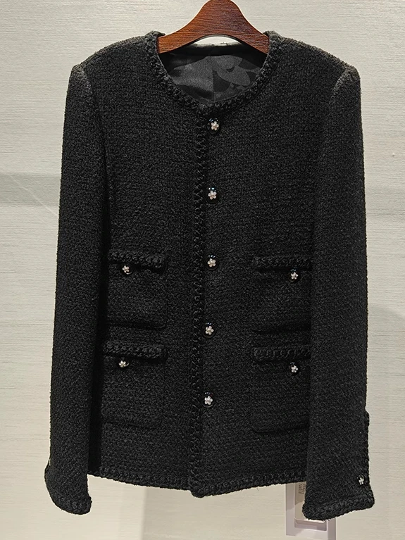 

Черный твидовый короткий пиджак для женщин — новое поступление 2025, изысканный, однобортный, с круглым вырезом, прямой крой