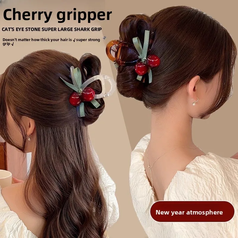 Cute Cherry Hair Claw Clip with Green Ribbon Bow Non Slip Jaw Clip Lovely Daily Hair Accessory for Girls Hairstyle Decoration view 2