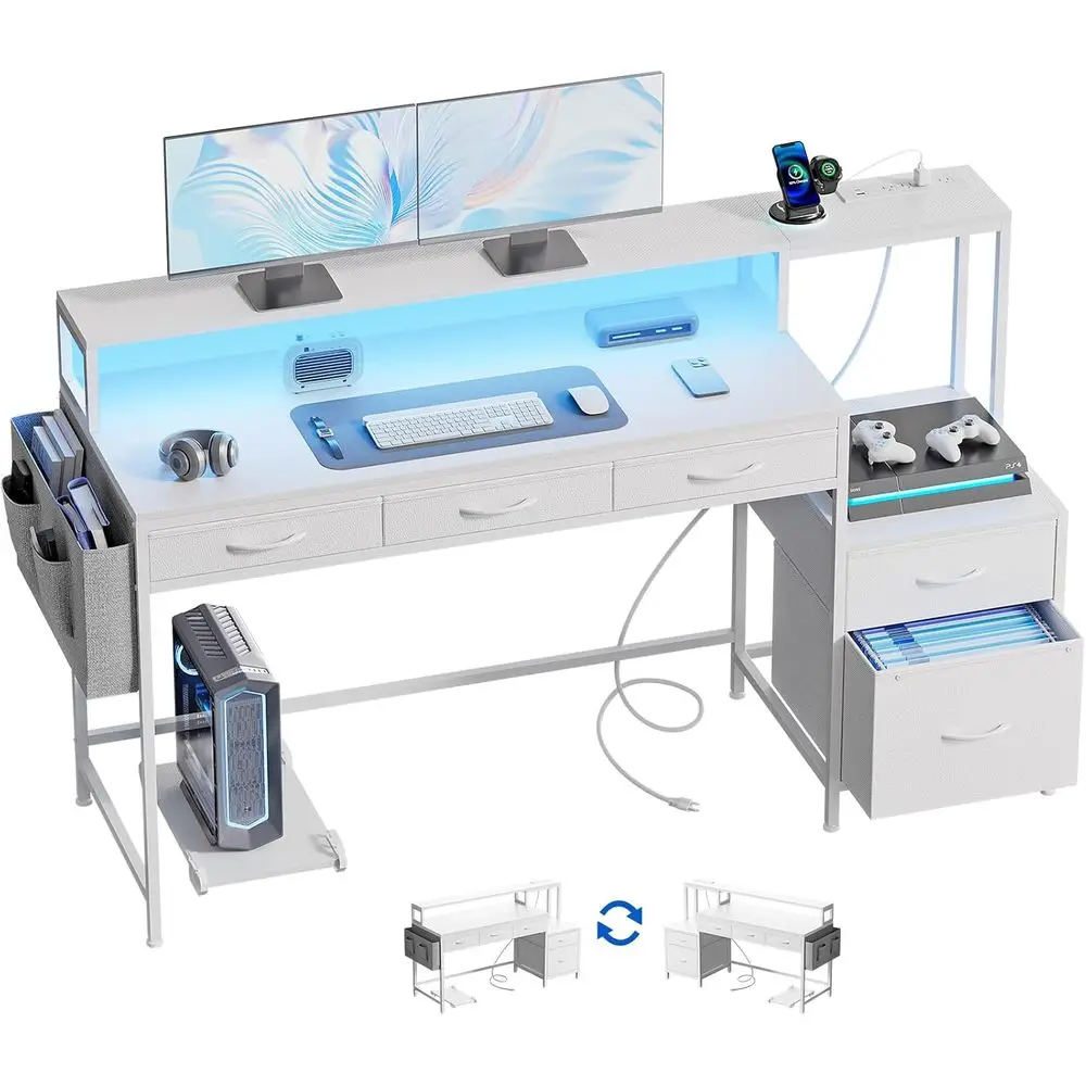 

61 LED Gaming Desk with Reversible Storage and Charging Station, White Carbon Fiber Style