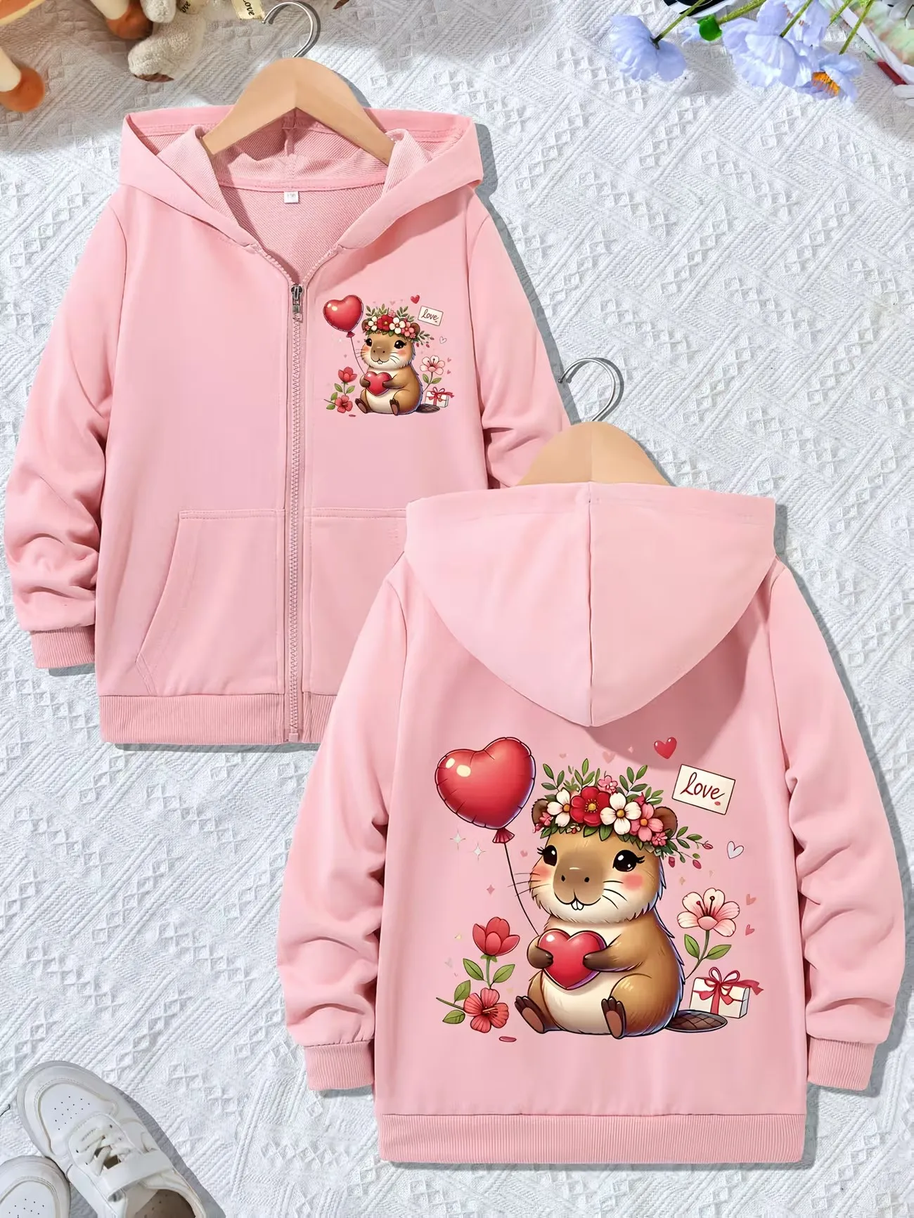 Funny Capybara Love Casual Hoodie Jacket for Boys Girls Zipper Winter Autumn Trendy Cartoon Zip Up Sweatshirts Unisex Kids