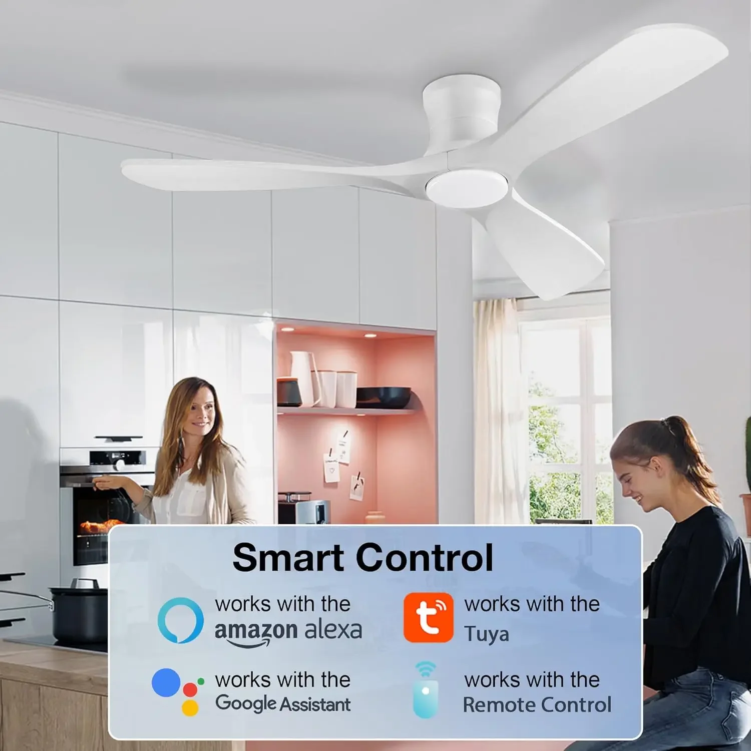 พัดลมเพดานรายละเอียดต่ําพร้อมรีโมทไฟ,มอเตอร์ DC ที่เงียบสงบ,พัดลมเพดานฟลัชเมาท์ในร่มกลางแจ้ง,ควบคุมด้วยแอพ WIFI Alexa,Di