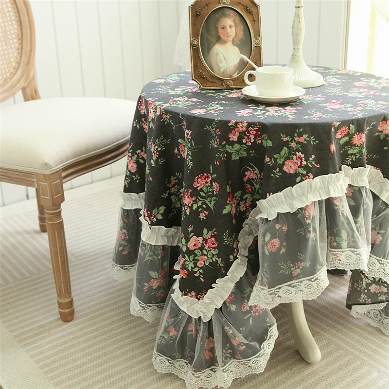 

Retro Rose Tablecloth Pastoral Princess Style Pure Cotton Floral Black Tablecloth Coffeetable Diningtable Cover Cloth Home Decor