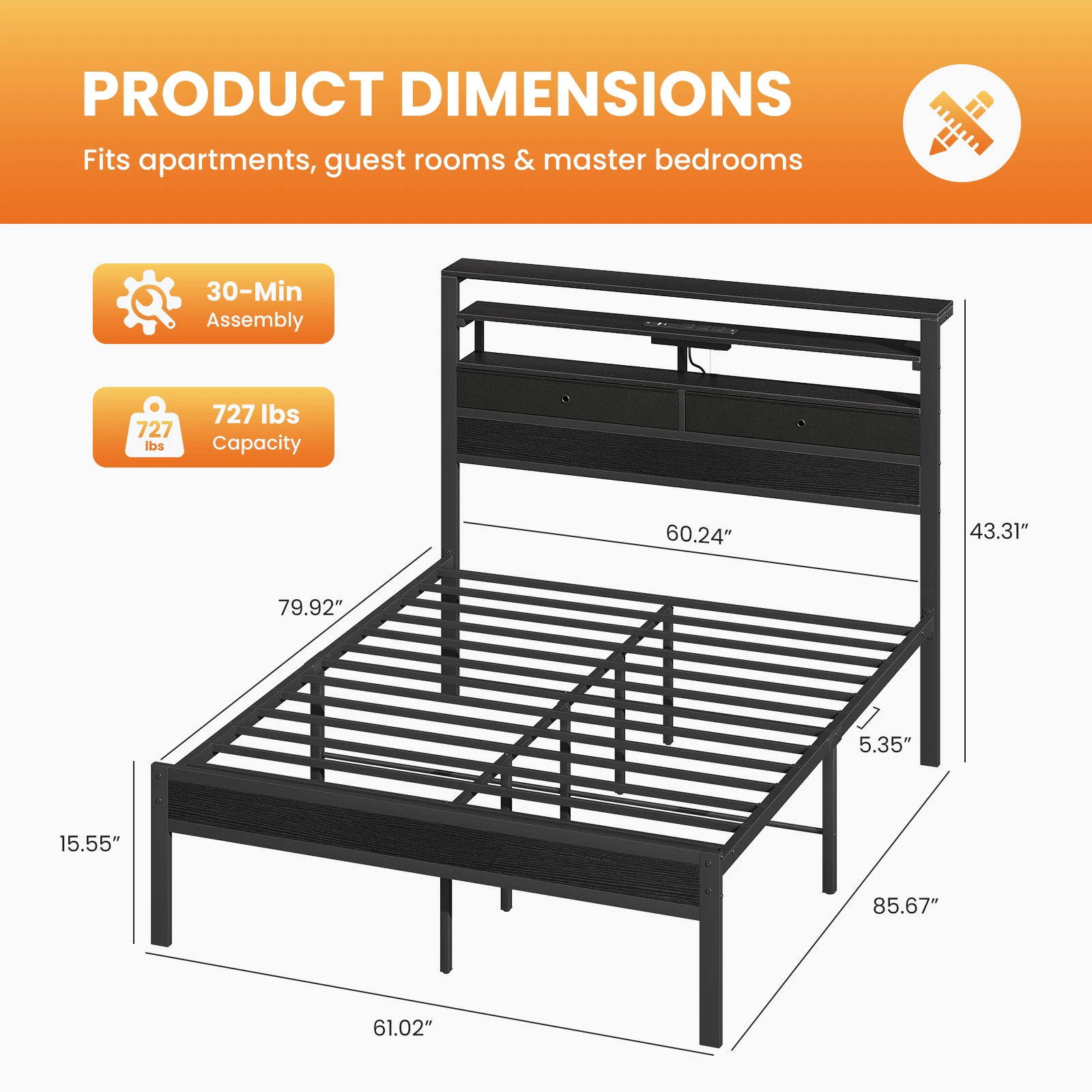 JHK Metal Platform Bed Frame with Storage LED Lights 3-Tier Headboard Shelves with 2 Headboard Drawers and Charging Station Slat Support No Box Spring Needed Easy Assembly Eco-Friendly For Living Room