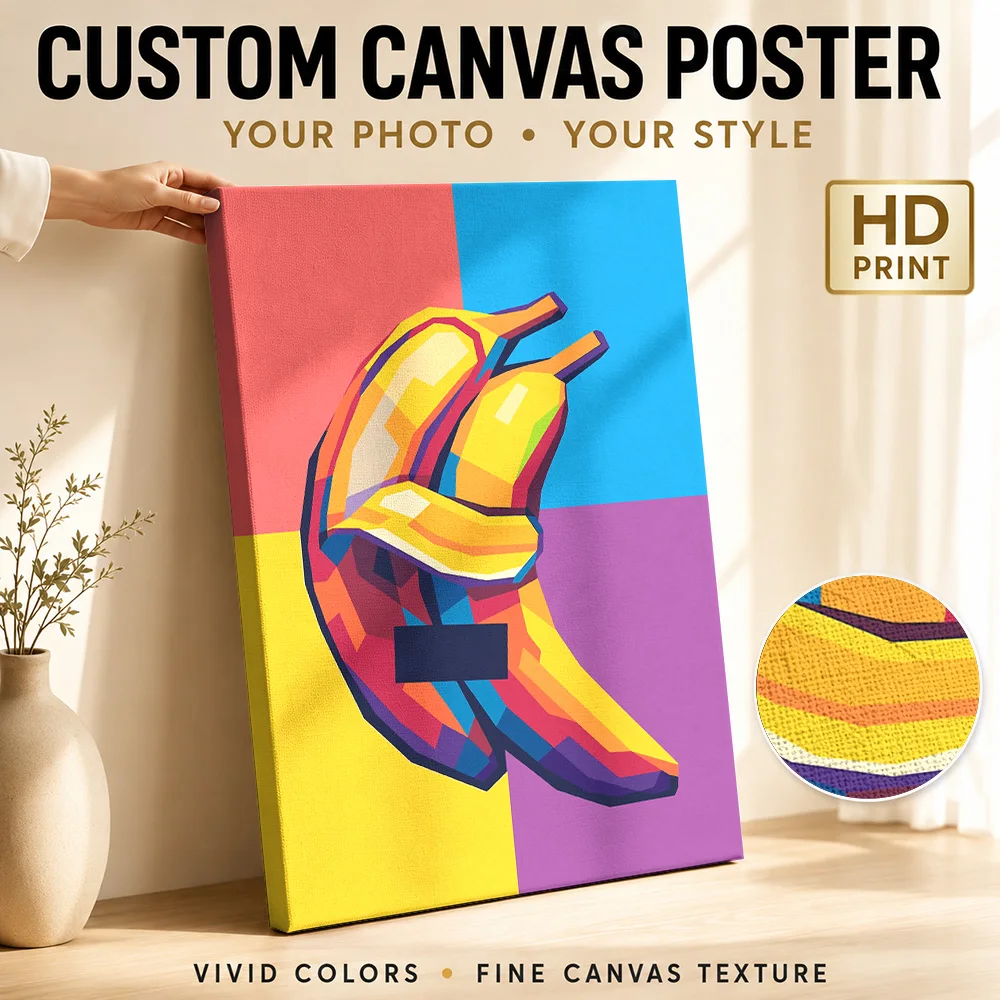 Banana With Color Blocks Canvas Poster Customized Photo Playful Angular Illustration Wall Art For Kitchen, Housewarming Gift