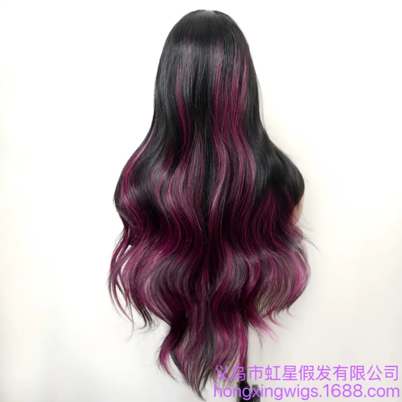 Parisian fashion wig for women with bangs, full headpiece, violet highlights, colorful long curly hair