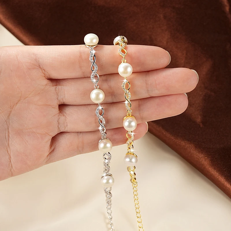 

RAPRGOLD 8mm Natural White Freshwater Pearl Zircon Bracelets for Women 14K Gold Filled Chains Wedding Fine Jewelry Gifts Bangle