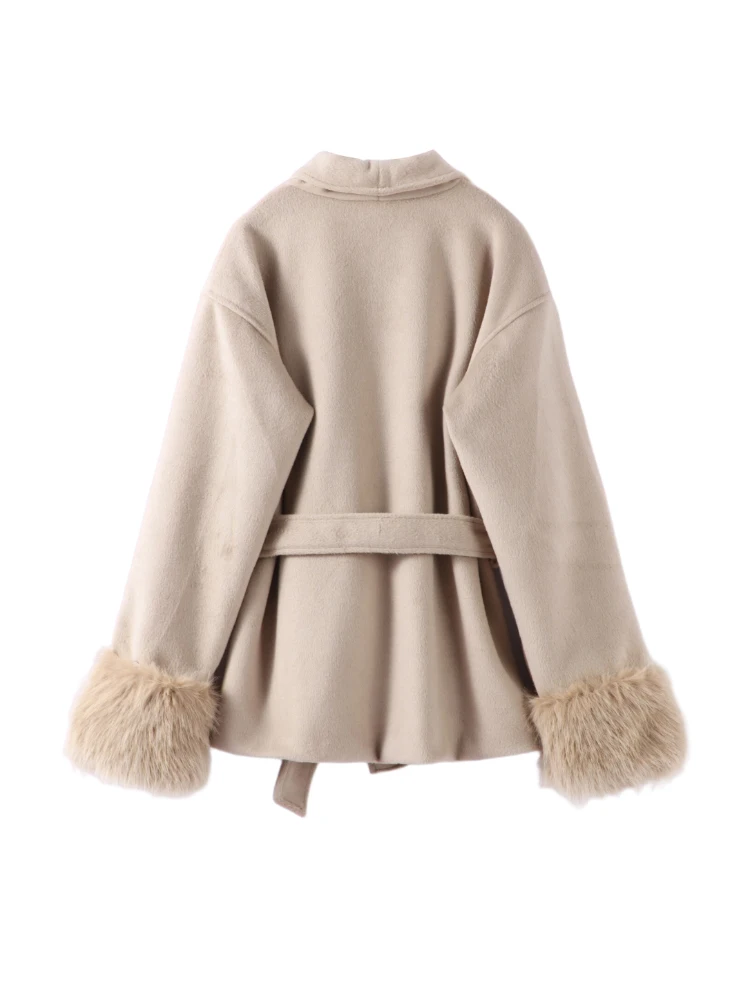 Faux Feather Wool Women's Coat Vintage Khaki Long Sleeve Lace Up Lapel Coats Female 2025 Autumn Winter V-neck Lady Jackets