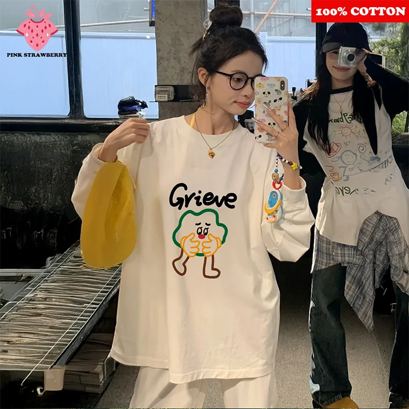 

Cute Cartoon Print T-shirt Women Autumn 2025 New 100% Cotton Korean Long sleeved White Tee Loose Casual Y2k Top kawaii clothes