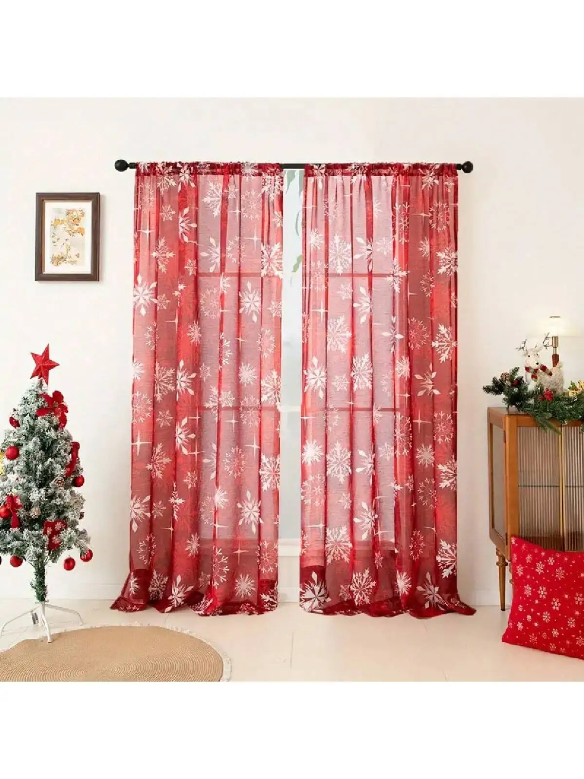 

Christmas Red Snowflake Sheer Curtain Festive Window Decor for Holiday Living Room Dining Room