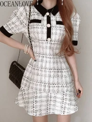 OCEANLOVE Spring Summer Women Dresses Plaid Vintage Korean Chic Office Lady Vestidos Ruffles Short Sleeve Elegant Mini Dress