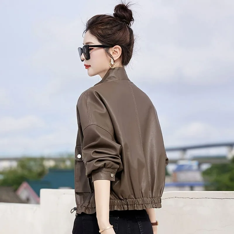 Stand-up Collar Cool Short Leather Jacket Pu Leather Real Pocket Motorcycle Gown Loose Stand-up Collar Fashion Women's Clothing