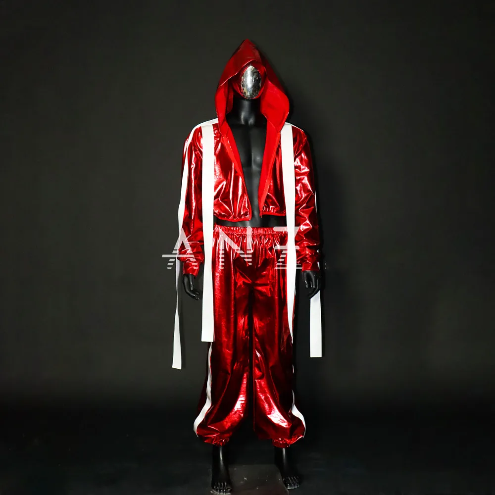 Costume da performance jazz hip-hop per adulti maschio femmina squadra di ballo di strada set di moda sexy abbigliamento da palcoscenico pantaloni giacca laser rossa 2 pezzi