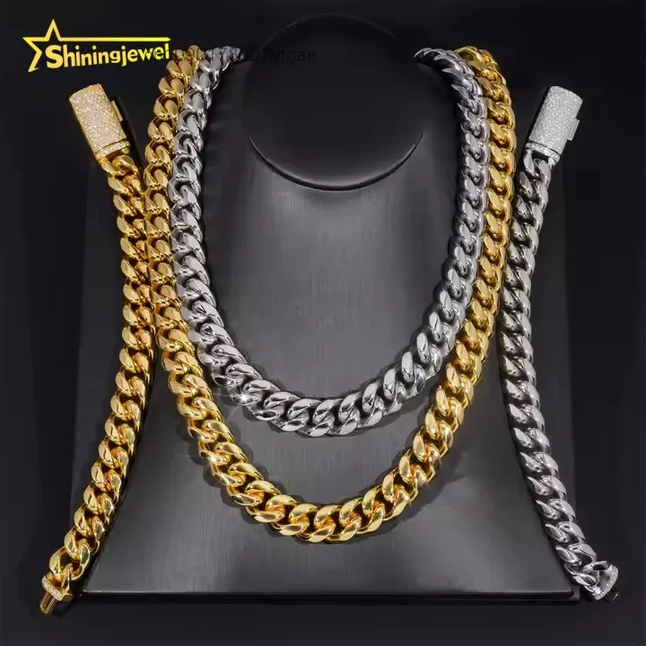Plated PVD 14MM 316L Stainless Steel Cuban Chains + 925 Silver VVS Moissanite Lock Fashion Men Hip Hop Necklace Bracelet.