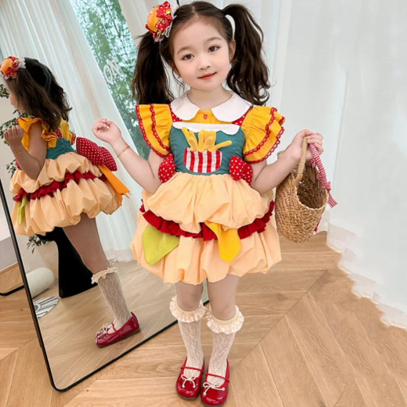 New French Fries Burger Lolita Ball Gown Cosplay Suit Sweet Cute Girl Kids Bow Princess Dress Birthday Party Children'S Clothing