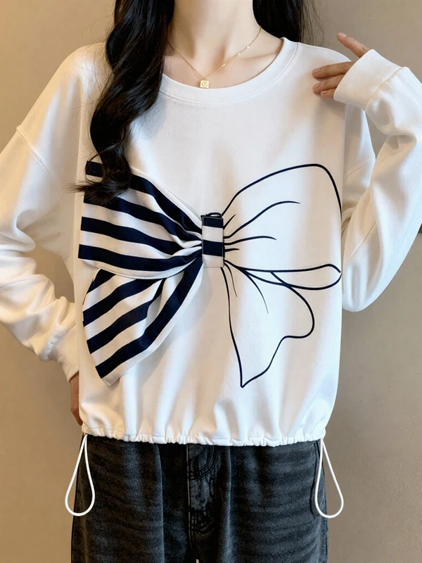 

Модный свитер больших размеров с асимметричным бантом, круглой горловиной, весенний, новый, стройнящий, длинный, для полных женщин